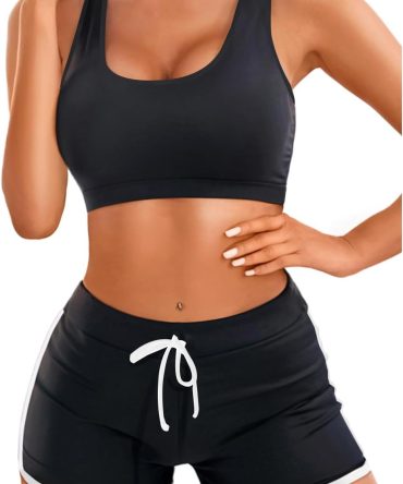 Women Two Piece Sports Bikini Athletic Swimsuits Crop Top with Boy Shorts Bathing Suits for Girls Vests