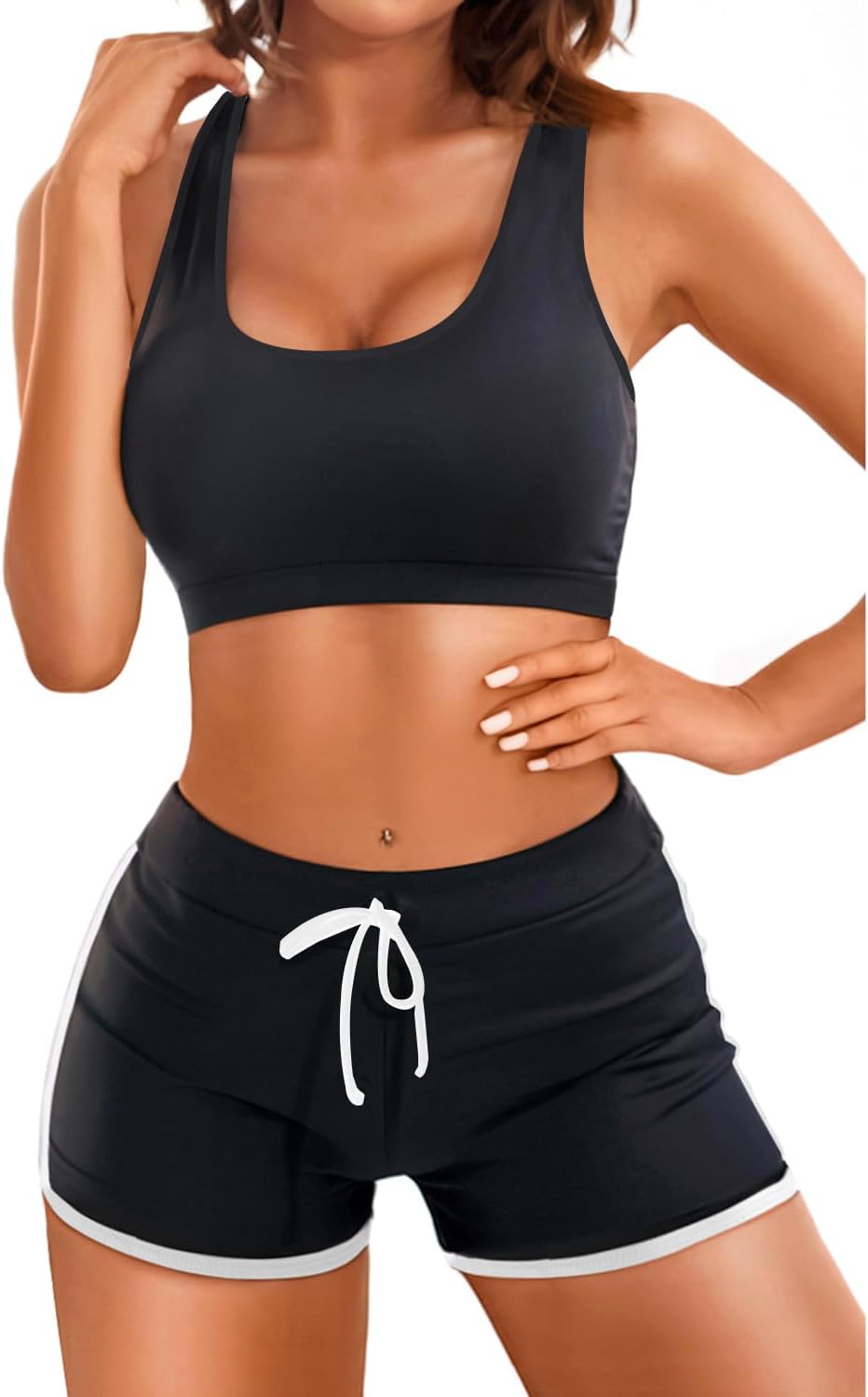 Women Two Piece Sports Bikini Athletic Swimsuits Crop Top with Boy Shorts Bathing Suits for Girls Vests