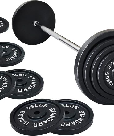 Cast Iron Standard Weight Plates Including 5FT Standard Barbell with Star Locks, 95-Pound Set (85 Pounds Plates + 10 Pounds Barbell), Multiple Styles