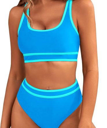 Women's High Waisted Bikini Sporty Two Piece Swimsuits Color Block High Cut Bathing Suits